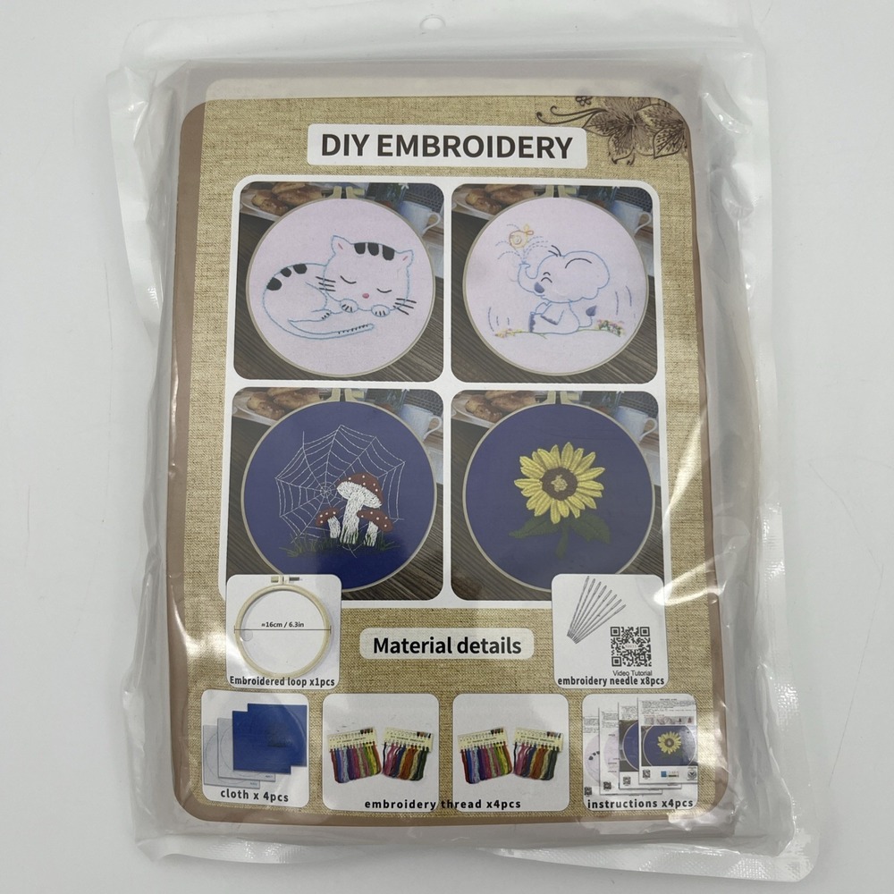 4 Sets Embroidery Starter Kit for Beginners Cross Stitch Stamped DIY Decor Craft